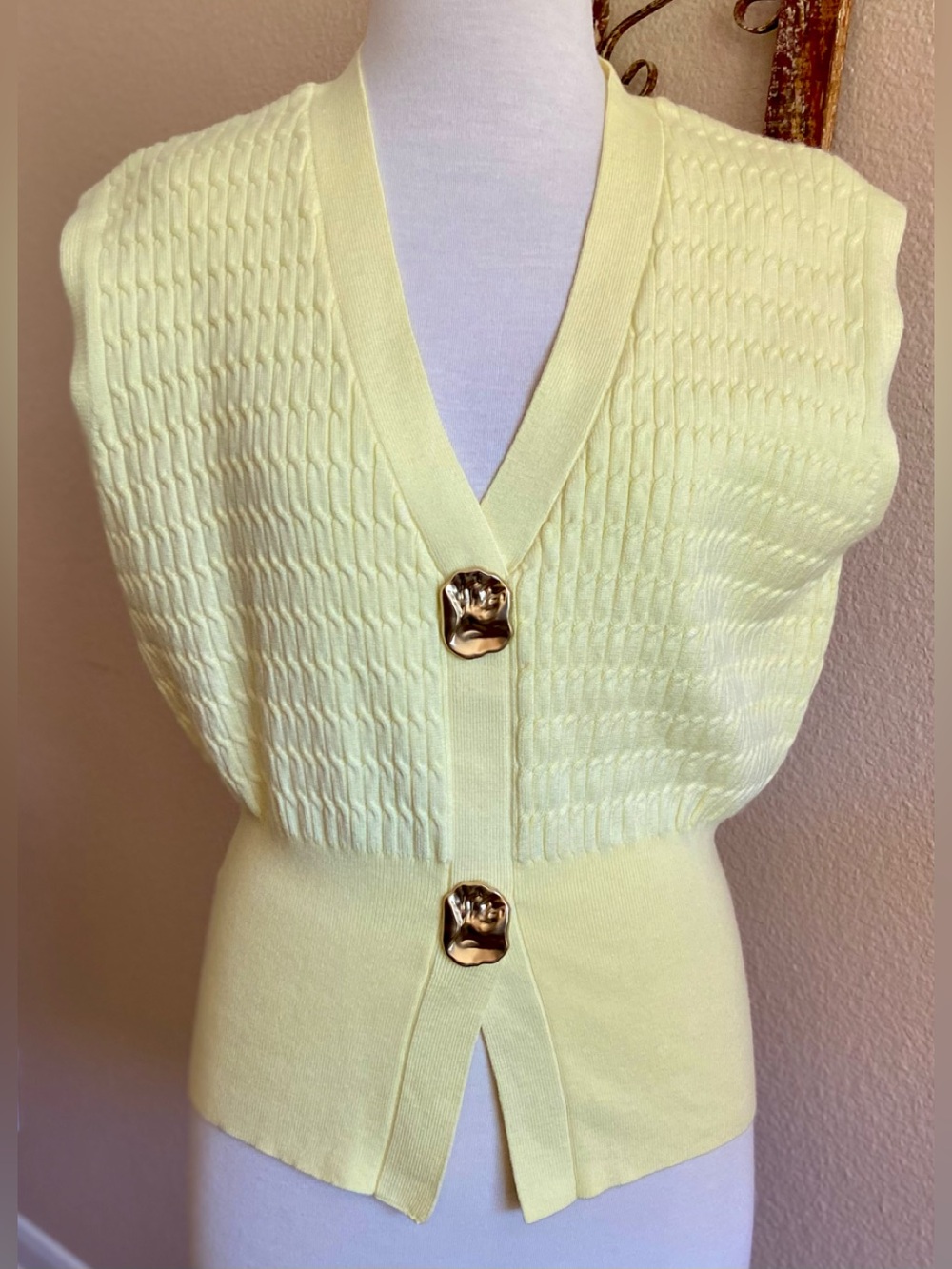 Top / Vest / Pullover - V Neck - Cable Knit - Sleeveless - Buttons - NWOT - Med